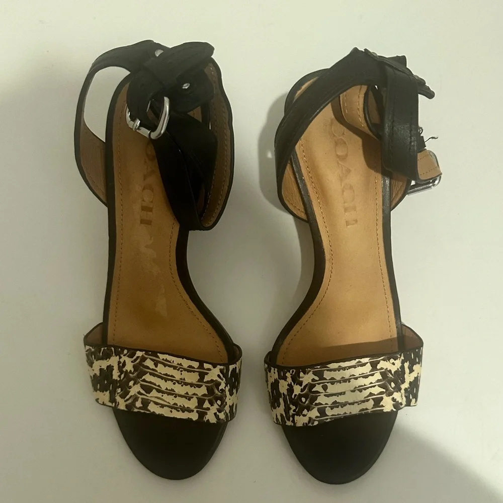 Coach Paige Leather and Black and White Snake Block Heel Sandals Size 5